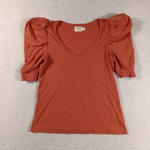 Nation LTD Top Womens Small Orange Celine Tee Puff Sleeve Smocked V-Neck